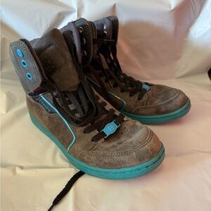 ETNIES Woozy Gray Leather Blue Hi Top Sneakers Size 8.5
